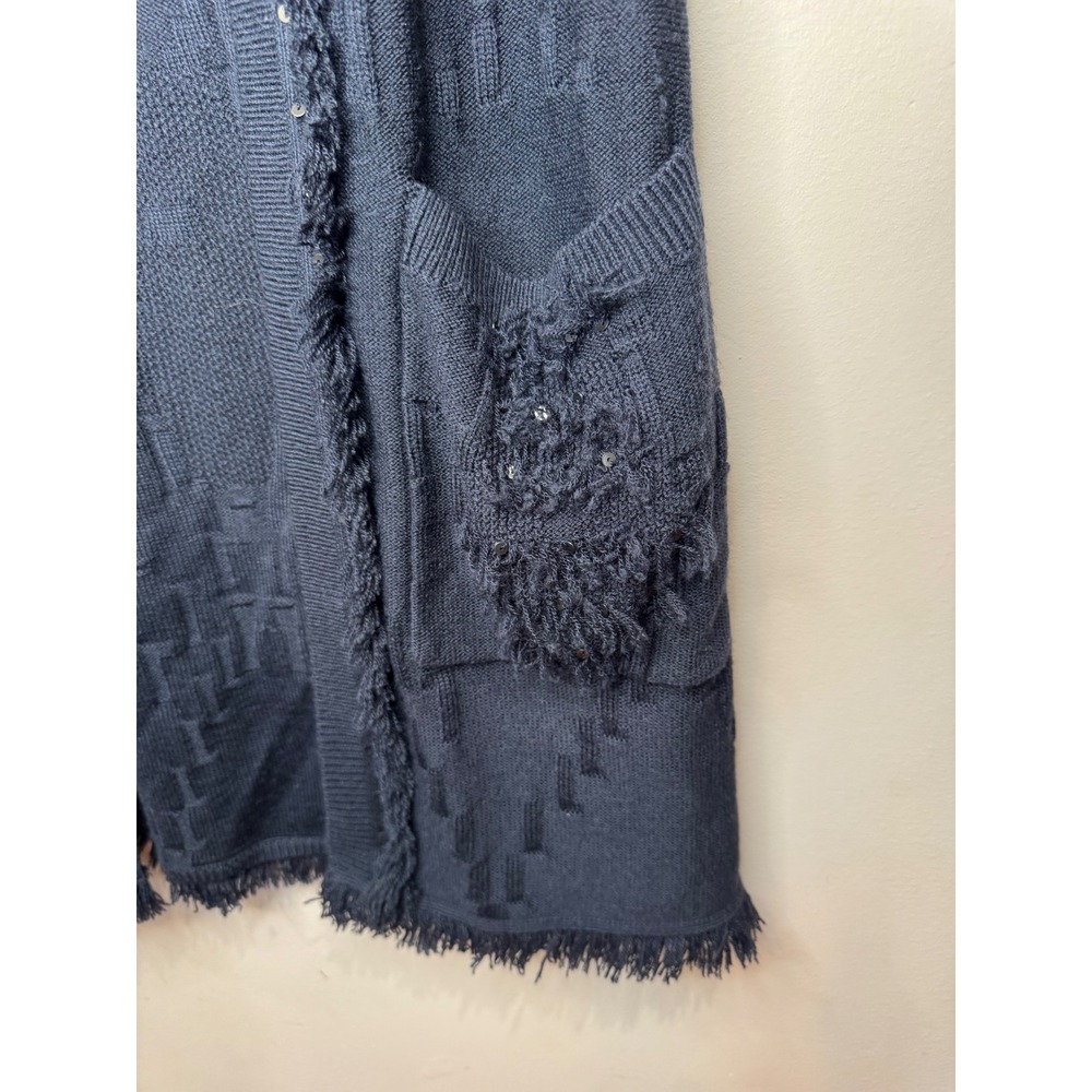 Kobi Ashton Beaded Fringe Sweater Vest Sleeveless Cardigan Navy sz XS Wool Boho - Picture 3 of 6
